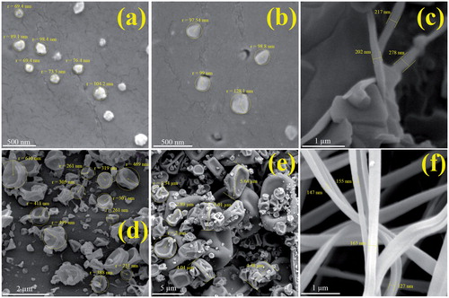 Figure 2. FE-SEM images of Prop. HCl-eudragit® RS100 electrosprayed formulations with the polymer:drug ratios and solution concentrations of (a) 5:1–10% (w/v), (b) 5:1 – 15% (w/v), (c) 5:1 – 20% (w/v), (d) 10:1 – 10% (w/v), (e) 10:1 – 15% (w/v) and (f) 10:1 – 20% (w/v).