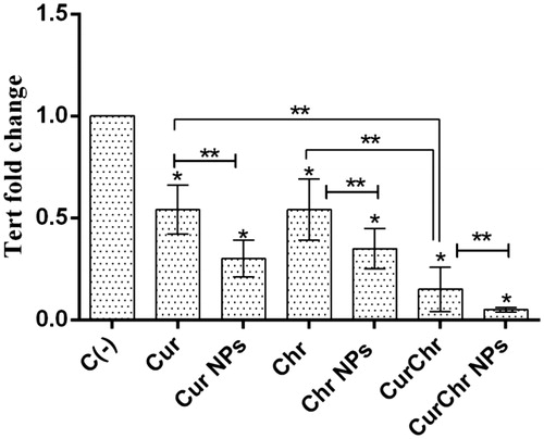 Figure 7. Effect of CurChr NPs on TERT gene expression in melanoma solid tumours in C57Bl6 mice. Compared to the negative control (C−), the expression of TERT was significantly decreased in all treated groups. This reduction had the highest amount in CurChr NPs group and then CurChr treated group. In addition, the observed reduction was greater in nano groups compared to the pure groups. * and ** denotes p < .05 and p < .01, respectively.