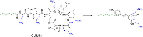 Figure 1. Colistin inspiration for aminoalkyl resveratrol derivatives (resveratrol, RES drawn in black colour.