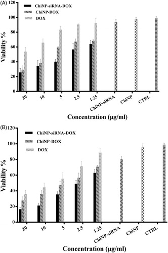 Figure 6. Combination of IGF-1R siRNA and DOX synergistically improved cytotoxicity in A549 human lung cancer cell line in a dose and time-dependent manner at 24 h (A) and 48 h (B). CTRL represents no treated cell control. Data shown as means ± SD of three independent experiments.