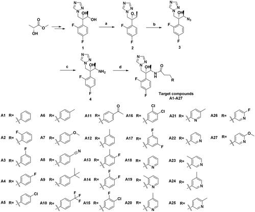 Scheme 1. Synthesis of the target compounds. (a) (i) Et3N, MsCl, DCM, 0 °C, 1 h; (ii) NaOH, H2O, 0 °C, 4 h; (b) NH4Cl, NaN3, DMF, 80 °C, 10 h; (c) Pd/C, H2, MeOH, r.t., 8 h; (d) Substituted propionic acid, PyBOP, DIEA, DMF, r.t., 5 h.