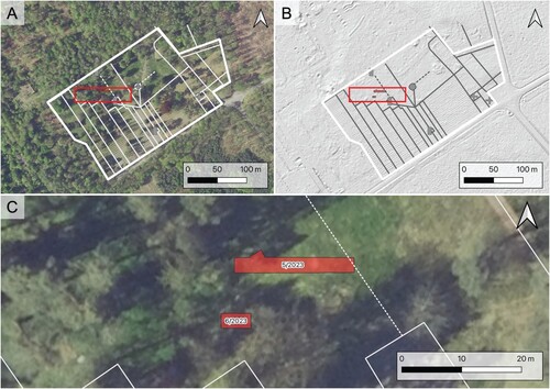 Figure 7. General plan of excavations carried out in 2023 at the PoW cemetery in Łambinowice. A) Plan of the cemetery divided into individual sectors marking the place of excavations on the orthophoto map (prepared by K. Karski and A. Lokś); B) plan of the cemetery divided into individual sectors marking the place of excavations on the airborne laser scanning visualization; and, C) location of the trenches on the orthophoto map (source: Head Office of Geodesy and Cartography, Poland, The Central Museum of Prisoners of War).