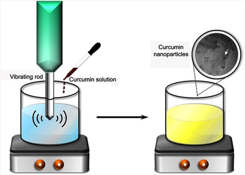 Figure 1 Synthesize procedure of curcumin nanoparticles.Note: The white arrow shows the Nano-curcumin produced.