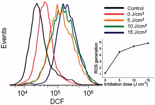 Figure 6. Flow cytometric detection of ROS generated during capsule-mediated PDT with a ROS probe, DCFH-DA. HeLa cells (1 × 105) per well were seeded on six-well cell culture clusters and incubated in complete medium for 24 h at 37 °C, then incubated with MPN@HMMEs (30 μg mL−1) for 4 h at 37 °C. HeLa cells were incubated with 10 μM DCFH-DA for 20 min and irradiated with a 638 nm laser at energy densities of 0, 5, 10, 15 J cm−2; and plot of ROS generation versus irradiation dose of 638 nm laser, ROS generation was defined as the ratio of mean fluorescent intensity of DCF at different irradiation dose to the control (inset graph).
