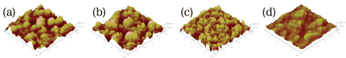 Figure 4. The AFM images of fabricated thin films fabricated by liquid-liquid interface assembly technique using the C60 NCs dispersion. The deposition times were (a) 1 time, (b) 2 times, (c) 3 times and (d) 4 times and baked at 120 °C for 20 min.
