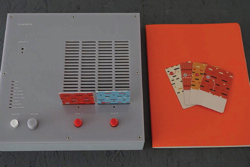 Figure 6. Tonetable experience prototype, showing box, cards, and notebook.