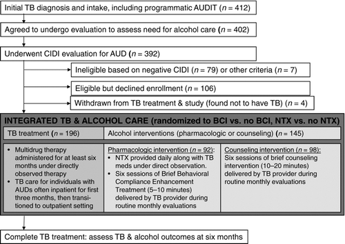 Figure 1.  Flow chart of therapeutic intervention. AUD, Alcohol use disorder; AUDIT, Alcohol Use Disorder Identification Test; BCI, brief counseling intervention; CIDI, Composite International Diagnostic Interview; NTX, naltrexone; TB, tuberculosis.