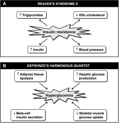 Figure 1. A. Insulin resistance syndrome or syndrome X as initially described by Reaven in 1988. B. DeFronzo's ‘harmonious quartet’ showing abnormalities involved in the pathophysiology of type 2 diabetes.