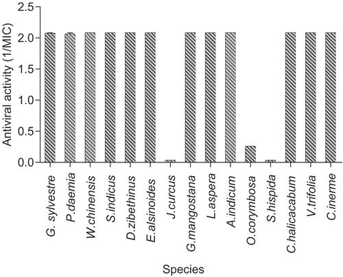 Figure 1.  Anti-HSV plant extracts (virucidal protocol). Results for each of the indicated species are plotted as reciprocals of the MIC (minimum inhibitory concentration) in μg/mL. The higher the bar, the greater the antiviral activity. Thus a value of 2.0 represents an MIC of 0.5 μg/mL (or less in some cases) other plant species showed little or no activity.
