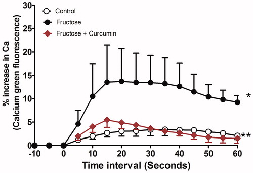 Figure 4. Effect of curcumin (1 µM) on intracellular calcium in fructose-treated isolated rat aorta. Symbols indicate mean ± SEM for n = 6–10 aortic rings; *p < 0.05, compared with the corresponding control group values; **p < 0.05 compared with the corresponding fructose group values.