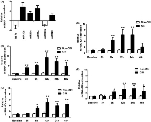 Figure 3. Altered miRNAs in plasma of CIN rats. (A) miRNA expression changes in plasma of CIN rats compared with control rats, measured by RT-qPCR analyses. (B–E) Time-course of miR-30a (B), miR-30c (C), miR-30e (D), and miR-320(E) in plasma of CIN and non-CIN rats. *p < 0.05; **p < 0.01, compared with non-CIN rats.