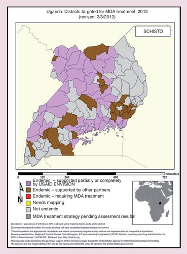 Figure 3. Implementation map of Uganda, as of 2012, highlighting the different agencies involved in control of schistosomiasis, taken from Research Triangle Institute international website.