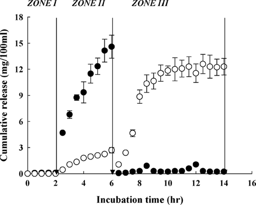 FIG. 4 Cumulative release of indomethacin from pectin beads (•-sample code I) and pectin/zein beads (○-sample code II) at 37°C. The release media were changed in the sequence of (zone I) 0.01 M KH2PO4-citrate buffer (pH 3.5) for 2 hr, (zone II) Sorensen's phosphate buffer (pH 7.4) for 4 hr, and (zone III) 0.05 M phosphate-citrate buffer (pH 5.0) containing Pectinex 3XL (120 FDU/ml) for 8 hr.