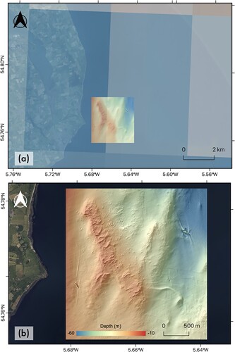 Figure 10. (a) 5 arcmin cells from the BioORACLE model overlain on 4 m resolution multibeam echosounder data. (b) Zoomed view of the hillshade multibeam echosounder data showing the complex erosional and depositional patterns around two First World War shipwrecks (Authors).