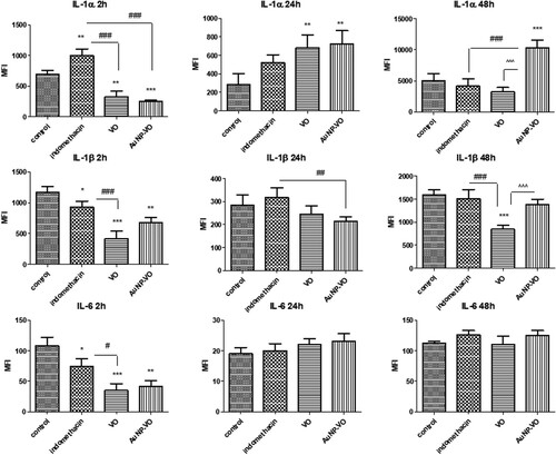 Figure 7. IL-1α (A), IL-1β (B), and IL-6 (C) levels in plantar tissue at 2, 24, and 48 h after carrageenan administration. The levels of IL-1α, IL-1β, and IL-6 were significantly reduced at 2 h in the groups treated with VO extract (p < 0.01) and AuNP-VO (p < 0.001) compared to the control group. Low IL-1β levels were maintained at 24 h (p < 0.01) in the AuNP-VO-treated group compared with indomethacin, while at 48 h, cytokine secretion decreased in the VO-treated group (p < 0.001) compared to the other groups. IL-1α levels increased at 24 h in the VO-and AuNP-VO-treated groups (p < 0.001), and increased at 48 h in the AuNP-VO-treated group (p < 0.001). The statistical significance between the compared groups was evaluated with one-way ANOVA followed by Tukey's test, **p < 0.01, ***p < 0.001 vs. control group; ###p < 0.001 vs. indomethacin group; ^^^p < 0.001 between VO and AuNP-VO.