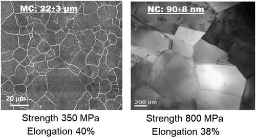 Figure 1. Light micrograph of microcrystalline (MC) and TEM micrograph of nanocrystalline (NC) biomedical stainless steels (adapted from references 1–3).