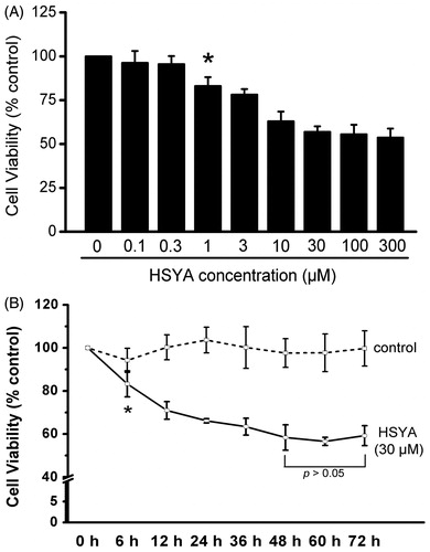Figure 2. HSYA inhibit culture-activated HSC viability in a dose- and time-dependent manner. Culture-activated HSC were either treated with HSYA at indicated concentrations for 48 h (A), or HSYA at 30 µM for the indicated times (B), and then assayed for cell viability using the MTS assay. Cell viability was expressed as percentage changes compared to that in the control either without HSYA treatment (A) or at the time 0 (B). Data represent means ± SD of three separate experiments. Significance is defined as follows: *p < 0.05 compared with control by ANOVA.