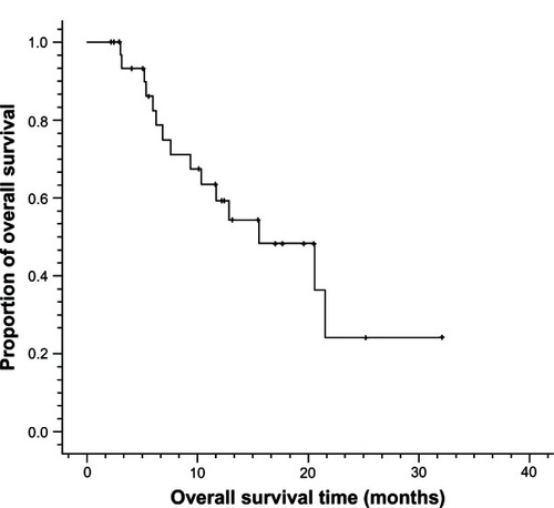 Figure 2 Overall survival curves for metastatic esophageal cancer patients treated with nanoparticle albumin-bound paclitaxel plus cisplatin (n = 33).