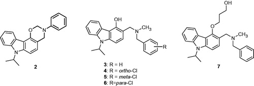 Figure 1. Structures of oxazinocarbazole 2 and aminomethylated carbazoles 3–7.