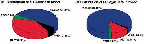 Figure 2. (a) Quantitative distribution of CT-AuNPs in the blood components; (b) Quantitative distribution of PEG@AuNPs in the blood components.