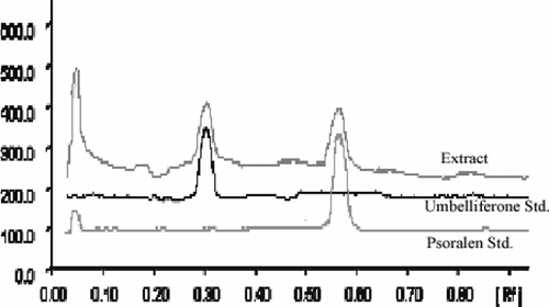 Figure 1 HPTLC chromatograms of fruit pulp of A. marmelos. extract along with standard umbelliferone and psoralen.