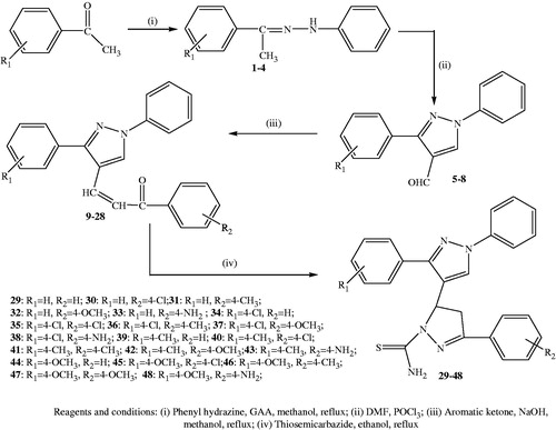 Scheme 1. Reagents and conditions: (i) Phenyl hydrazine, GAA, methanol, reflux; (ii) DMF, POCL3; (iii) Aromatic ketone, NaOH, methanol, reflux; (iv) Thiosemicarbazide, ethanol, reflux.