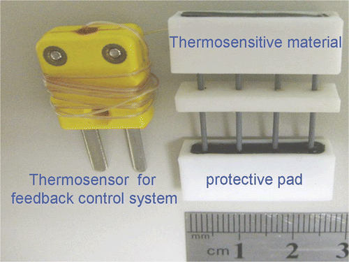 Figure 2. Comb-needle array used in this study. Note that the conductive coil and plug provide feedback to the control system to obtain the correct needle temperature. There is a temperature sensor embedded in one of the needles, which is connected with the plug. The needles are separated by 0.5 cm and can be of various lengths. The needle array has a protective pad over the sharp end. The pad will be applied after tissue penetration and before heating.