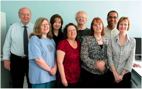 Figure 1. Stan Heptinstall’s team in 2010. Postdoctoral researchers Sue Fox, PhD, David Iyu, PhD and Natalie Dovlatova, PhD, and technicians Jane May, Jackie Glenn, Ann White and Andrew Johnson. Other external collaborators are not shown.