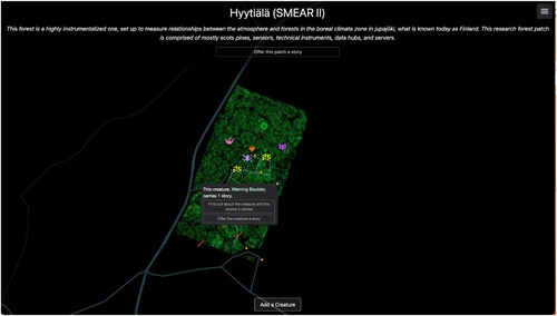 Figure 6. Entry point for the Hyytiälä SMEAR II Patch, showing information about the selected Creature and options for viewing or adding Stories the tree may carry.