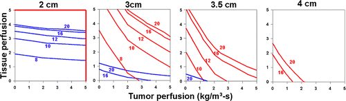Figure 7. Effect of perfusion and the time required to ablate with RF energy. The 50°C isotherm for achieving complete tumor ablation without (red isobars) and with (blue isobars) a 5-mm ablative margin was plotted for different RF ablation times (6–20 min) and different tumor sizes (2–4 cm diameter) using a 3-cm single electrode. Tumor and background tissue perfusion were varied 0–5 kg/m3-s. For 2- and 3-cm tumors, the red line denotes that complete ablation of the tumor could be achieved at 6 min of RF ablation time for all levels of outer and inner perfusion. With increasing tumor size, achieving complete ablation requires longer RF times, achieving an ablative margin becomes increasingly difficult, and the effect becomes increasingly dependent on inner perfusion. Additionally, there are almost no inner/outer perfusion levels at which an ablative margin could be achieved for tumors equal to, or larger than 3.5 cm.