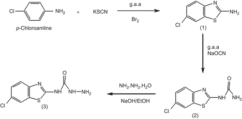 Scheme 1.  Synthetic pathways to N-(6-chlorobenzo[d]thiazol-2-yl) hydrazine carboxamide.