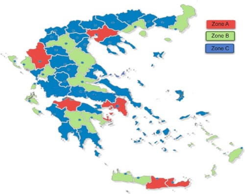 Figure 1 Map of Greece showing the sampling zones from which data were collected.