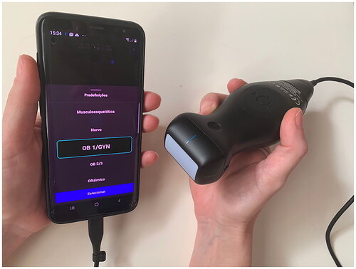 Figure 1. Photography of the POCUS Butterfly-iQ device connected to the smartphone used in this study. OB 1/GYN was the chosen preset.