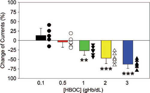 Figure 3. Quantification analysis of the changes of BKCa currents after exposure to 0.1%, 0.5%, 1%, 2% and 3% HBOC. Values are presented as mean ± SD (n = 6 per group). **P < 0.01 and ***P < 0.001 versus the 0.1%HBOC group.