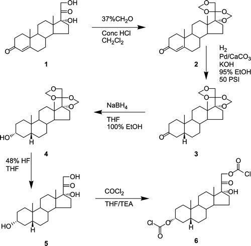 Figure 1 Synthesis of 3α-O, 21-O-(dichloroformyl)-5β-pregnane-17-ol-20-one (5) from Reichstein's Substance S (1).