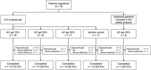 Figure 1. Patient disposition. The full analysis set (N = 70) used for efficacy outcomes included all patients randomized to treatment in the main part of the study. The safety set (N = 78) included an additional eight patients. AC: acetylcysteine gel; AE: adverse event.