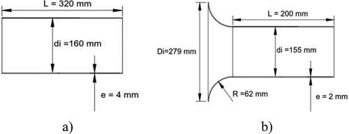 Figure 4. a) Dimensiones del conducto de salida del perfil de arista viva. b) Dimensiones del conducto de salida del perfil acampanado [Citation17].