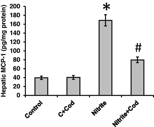 Figure 3. Effect of cod liver oil on hepatic fibrosis. Statistical analysis showing significant increase in hepatic concentration of monocyte chemotactic protein (MCP)-1 in sodium nitrite group as compared with the control group (p < 0.05). Treatment with cod liver oil significantly reduced MCP-1 concentration in sodium nitrite group but still significantly higher than the control group. *: significant difference as compared with the rest of the groups at p < 0.05. #: significant difference as compared with the control groups at p < 0.05.