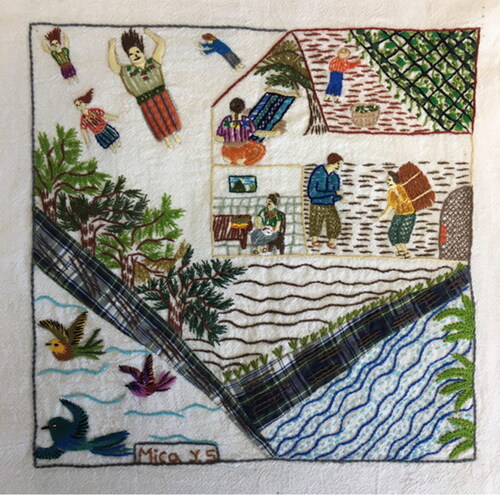 Figure 7 Story Cloth entitled ‘My Life During the Quarantine’ designed and hand-embroidered by Micaela Yaj Sunú, Santiago Atitlán, for Multicolores Guatemala. Photograph by K. Townsend Citation2022.