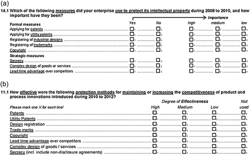 Figure A1. Questions on protection methods in the 2010 and 2012 German Innovation Surveys. (a) 2010; (b) 2012.