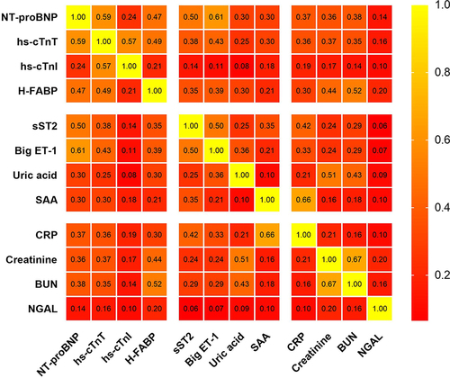Figure 2 Correlations between different biomarkers. The heatmap showed the correlations between different biomarkers (other biomarkers were positively correlated except that sST2 and big ET-1 were not correlated with NGAL), and the color depth represented the correlation values between different biomarkers.