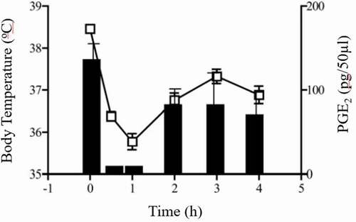 Figure 6. The reduction of basal body temperature (left y-axis) with 300 mg/kg paracetamol correlates with reduction of brain PGE2 levels (right y-axis) in male C57/BL6 mice. Reproduced from Ayoub et al. 2006 [Citation23]