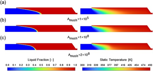 Figure 4. Influence of different Amush on the simulation results for the liquid phase fraction and temperature distribution at different Amush.