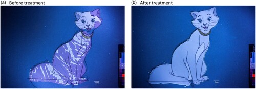 Figure 12. (a) and (b) UV-induced luminescence in the visible range, front. © Disney Enterprises, Inc.