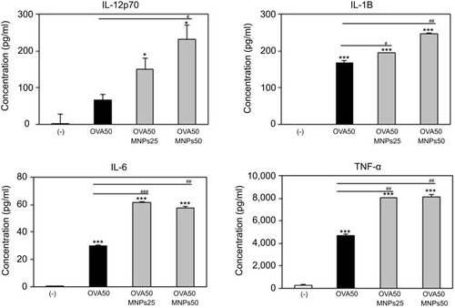 Figure 5 MNPs@SiO2(RITC) enhanced BMDC cytokine production. Immature BMDC derived (1×106) from C57BL/6 mouse were incubated for 24 h at 37 °C with OVA, OVA-MNPs@SiO2(RITC). Cytokines were analyzed by ELISA. The results are representative of three experiments. *p<0.05 and ***p<0.001 vs compared untreated BMDCs. #p<0.05, ##p<0.01, and ###p<0.001 vs OVA-pulsed BMDCs.