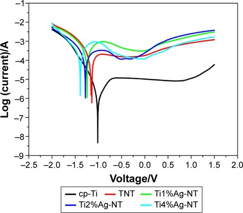 Figure 6 Tafel curves of the cp-Ti, TNT, and TiAg-NT samples.Abbreviations: cp-Ti, commercial pure titanium; TNT, titania nanotubes; TiAg-NT, TiAg alloys with nanotubular coverings.