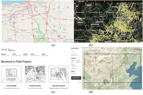 Figure 5. Platform of OSM (a), Wikimapia (b) and field papers (c,d).