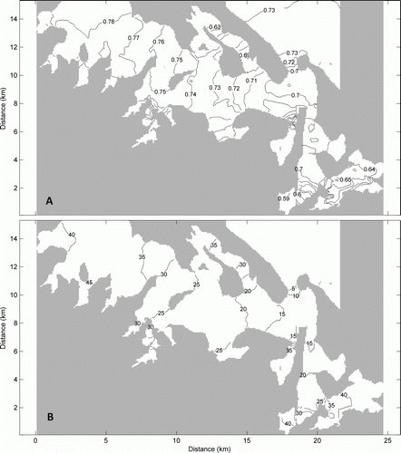 Figure 5  Panel A: M2 cotidal diagram of amplitude (m). Panel B: M2 cotidal diagram of phase (degrees) extracted from output of a 5-year model run. These simulations were forced on the outer boundary with output from the NIWA tidal model, and the M2 component extracted using tidal harmonic analysis software (see text).