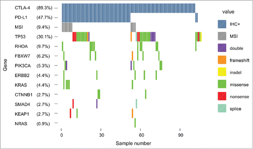 Figure 4. Comprehensive mutational analysis and correlation with immune checkpoint expression. No correlation between somatic mutations detected by targeted next-generation sequencing and PD-L1 or CTLA-4 expression status (n = 113).