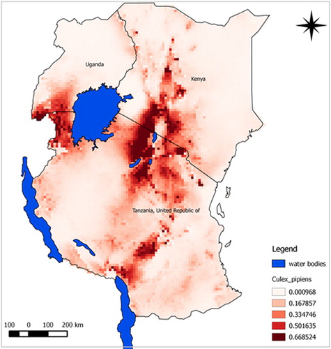 Fig. 4 Predicted potential suitable distributions area for C. pipiens complex in East Africa associated with RVF outbreak history; the image uses colours to indicate predicted suitability.